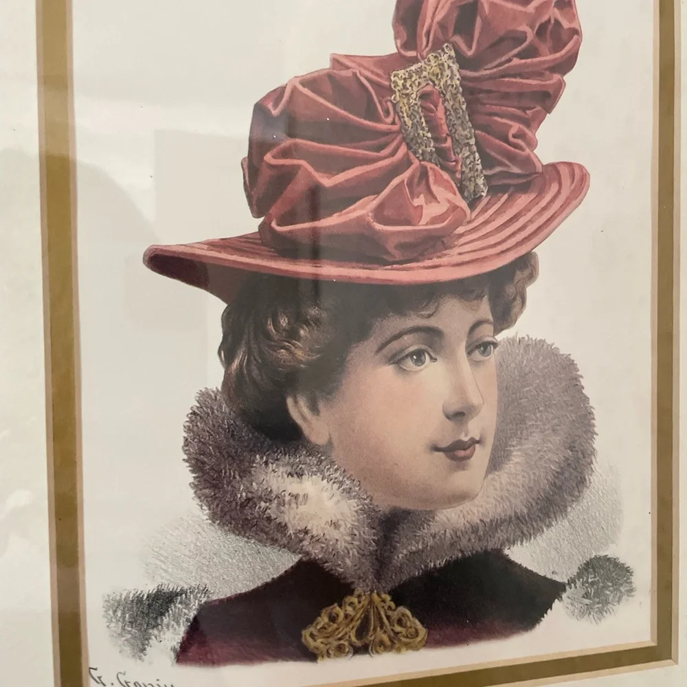 G Gonik 12x14 Victorian Lady Portrait in Gold Frame -  Maroon Hat Accent